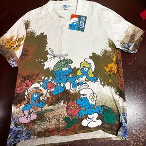 Smurfs Mens White Graphic Short Sleeve Spread Collar Button Front Shirt Sz MED